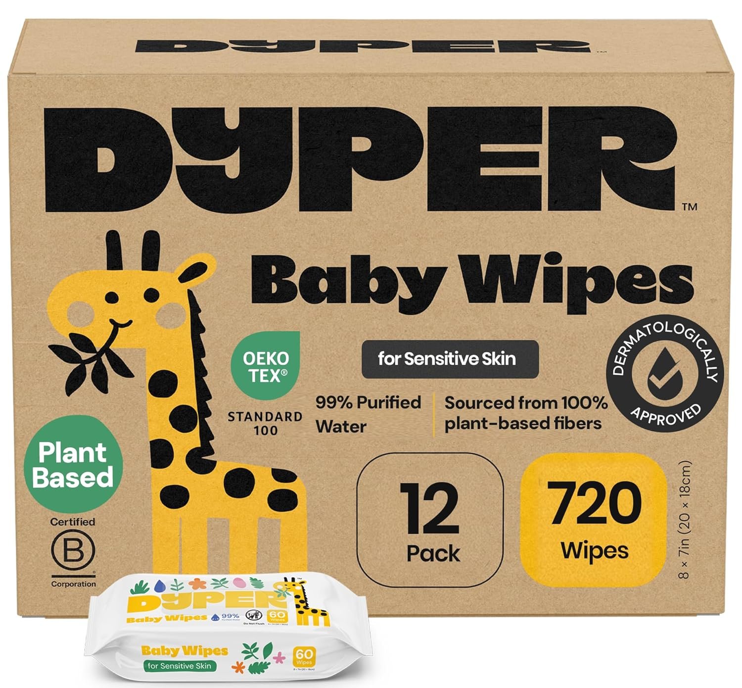DYPER Baby Wipes Unscented (720 Count) | Fragrance Free, Hypoallergenic Baby Wipes for Sensitive Skin | 99% Purified Water, Plant-Based, Dermatologist Tested | Plastic-Free Wet Wipes, 12 Pack