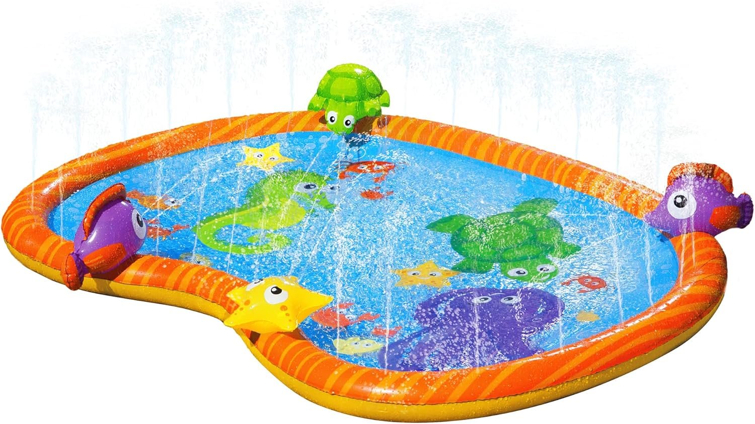 BANZAI Splash Pad Toddler Water Play Mat, 58 in Outdoor Kids Sprinkler Mat with 3D Sea Characters, Baby Splash Pad for Backyard Summer Fun