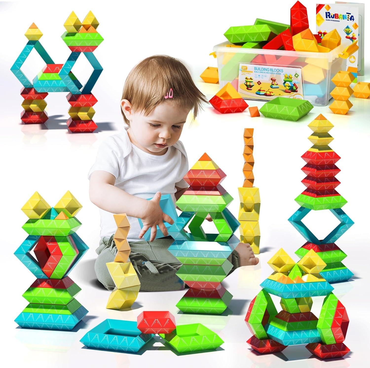 40Pcs Building Blocks Toys for Ages 3 4 5 6 Toddlers,Pyramid Stacking Toys,3D Montessori Preschool Learning Blocks for Kids,STEM Sensory Toy Gifts for 2-4 Years Old Boys Girls,Plastic Storage Box Set