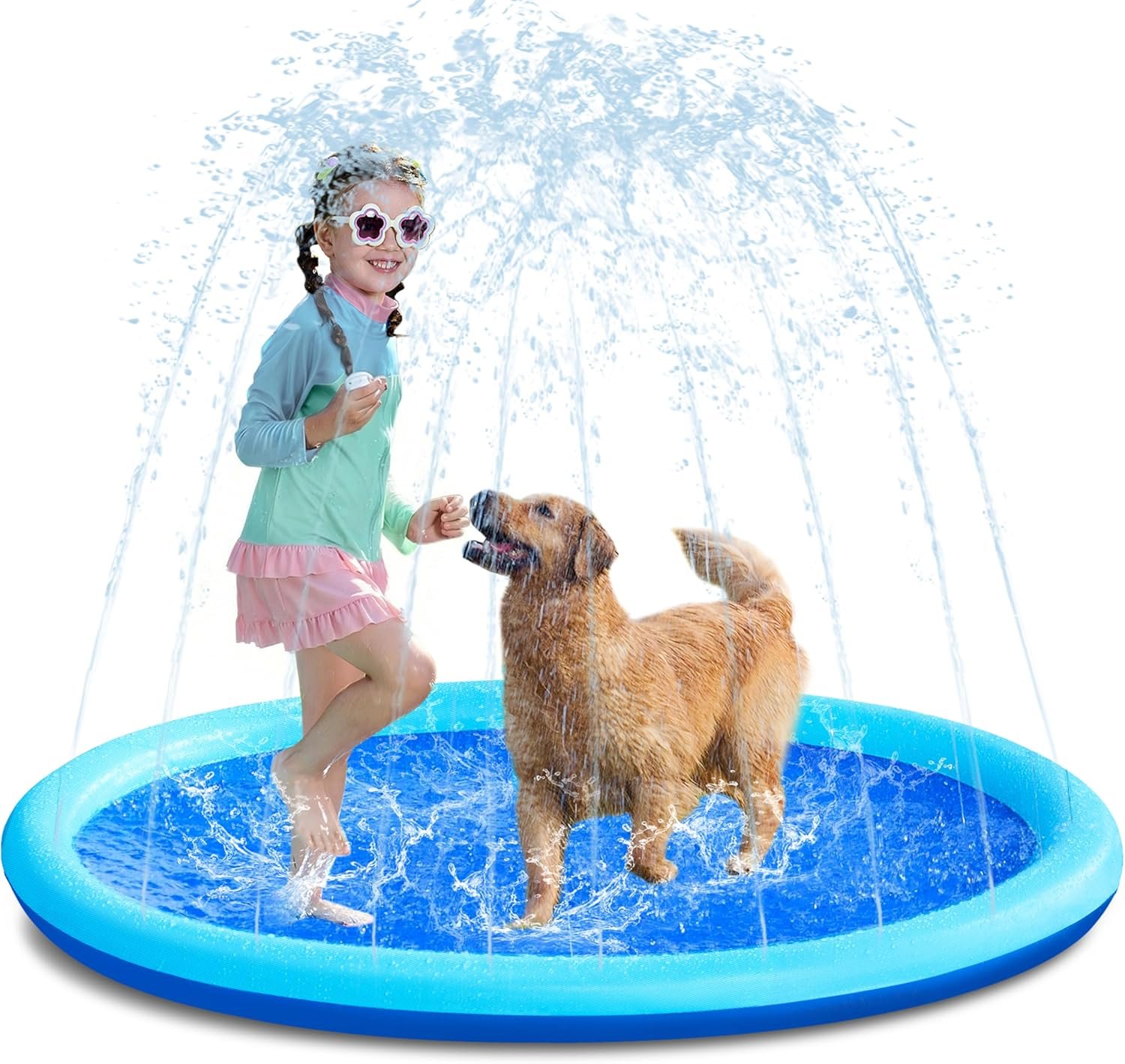 SLOOSH 60″ Non-Slip Splash Pad Sprinkler – Outdoor Water Toys Play Mat for Toddlers Kids Dogs, Outside Thickened Sprinkler Pool Party Durable Backyard Fountain for Girls Boys Pets (60in, Blue)