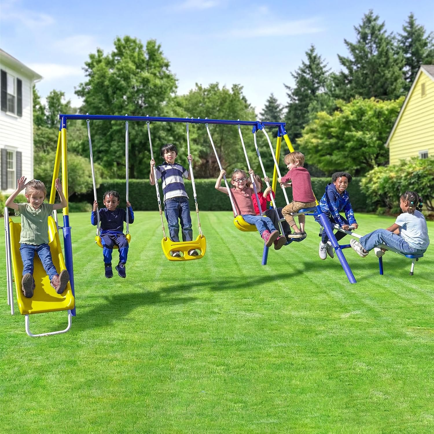 Sportspower Royal Fun Metal Swing Set for Kids Ages 3-8 with 2 Swings, Standing Swing, Glider, Teeter-Totter & 5FT Slide, Anchor Kit, 6.1FT Steel Frame, Outdoor Playground with 800 lbs Weight Capacity