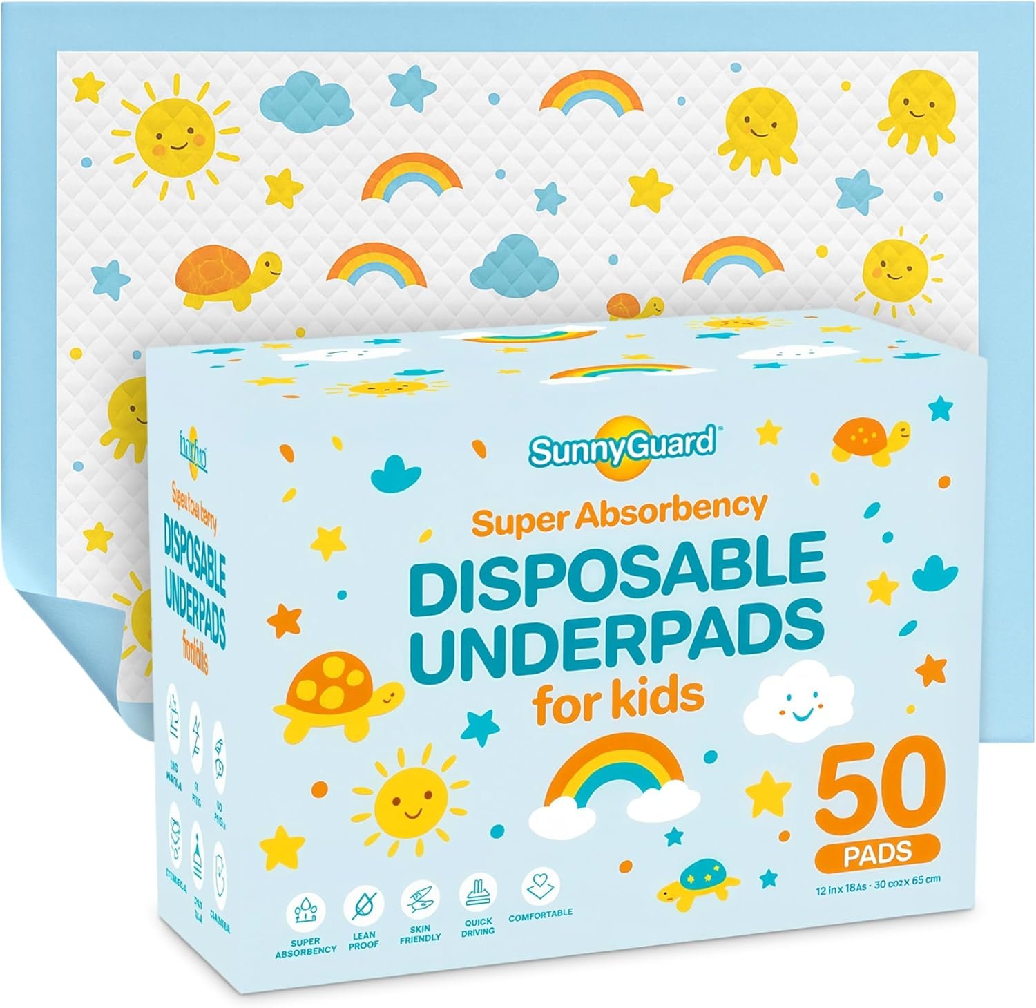 SunnyGuard Disposable Changing Pads for Baby 13 x 18 Inches, 50 Diaper Changing Pad with Unique Design & 6 Layers of Protection for Nursery Use, Travel Changes & Pee Pad Protection, 33 x 46 CM