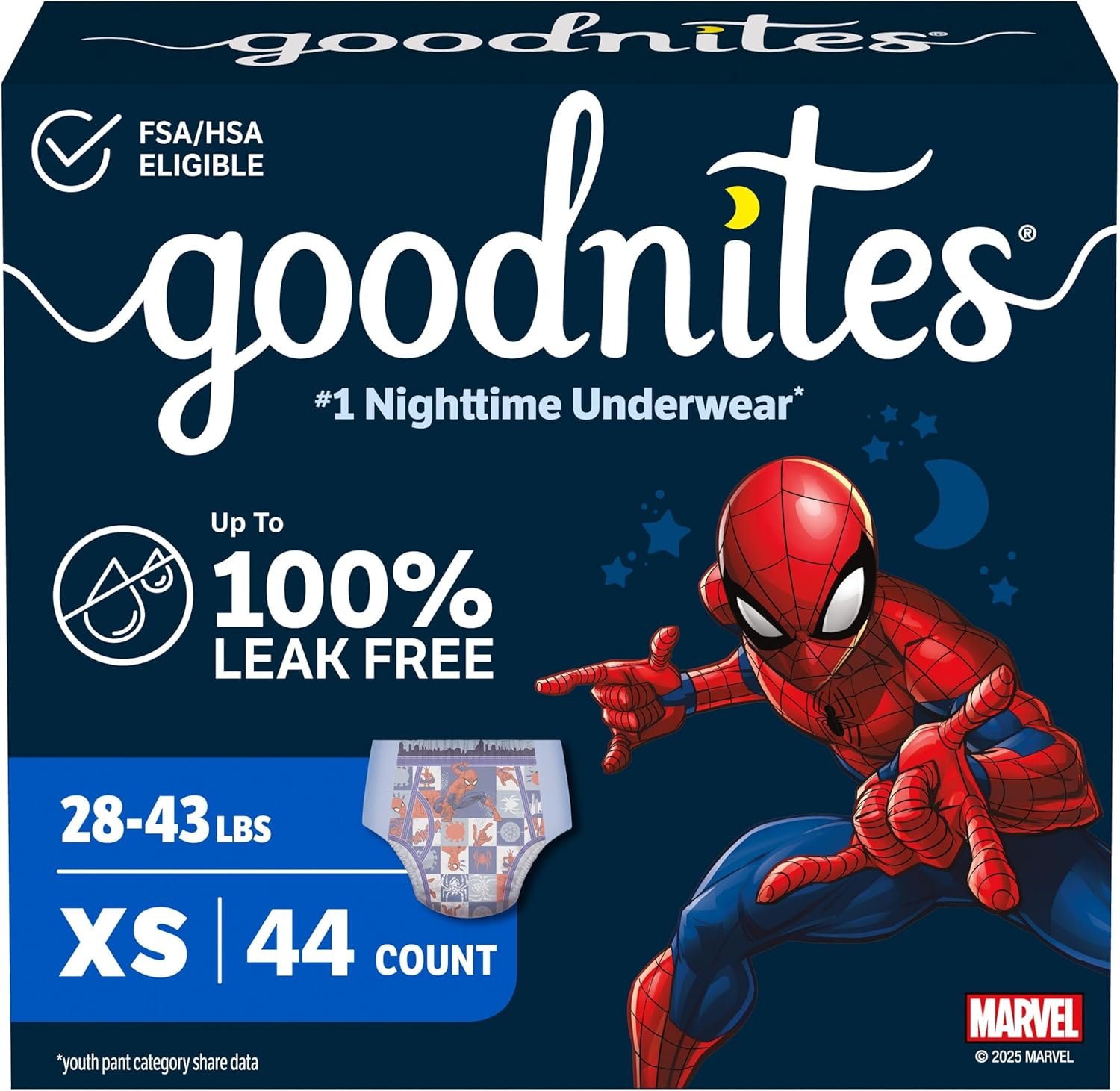 Goodnites Boys’ Nighttime Bedwetting Underwear, Size Extra Small (28-43 lbs), 44 Ct (2 Packs of 22), Packaging May Vary