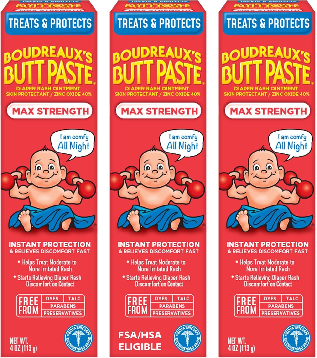 Boudreaux’s Butt Paste Max Strength Diaper Rash Cream for Baby, Ointment With Zinc Oxide, 4 oz Tubes, 3 Pack