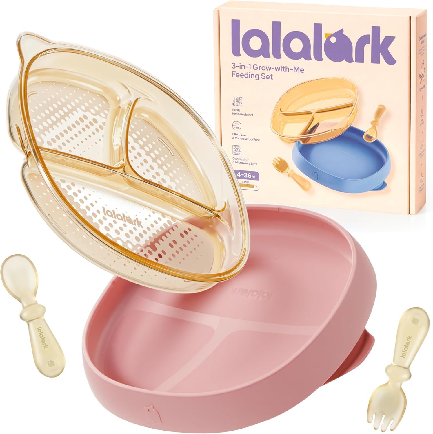 3-in-1 PPSU Baby Suction Plates with Spoon & Fork – Premium Bottle-Grade Silicone Divided Dishes, Stage-Based Self-Feeding Dinnerware 6M-3Y, BPA Free Odor & Stain Resistant, Microwave Dishwasher Safe
