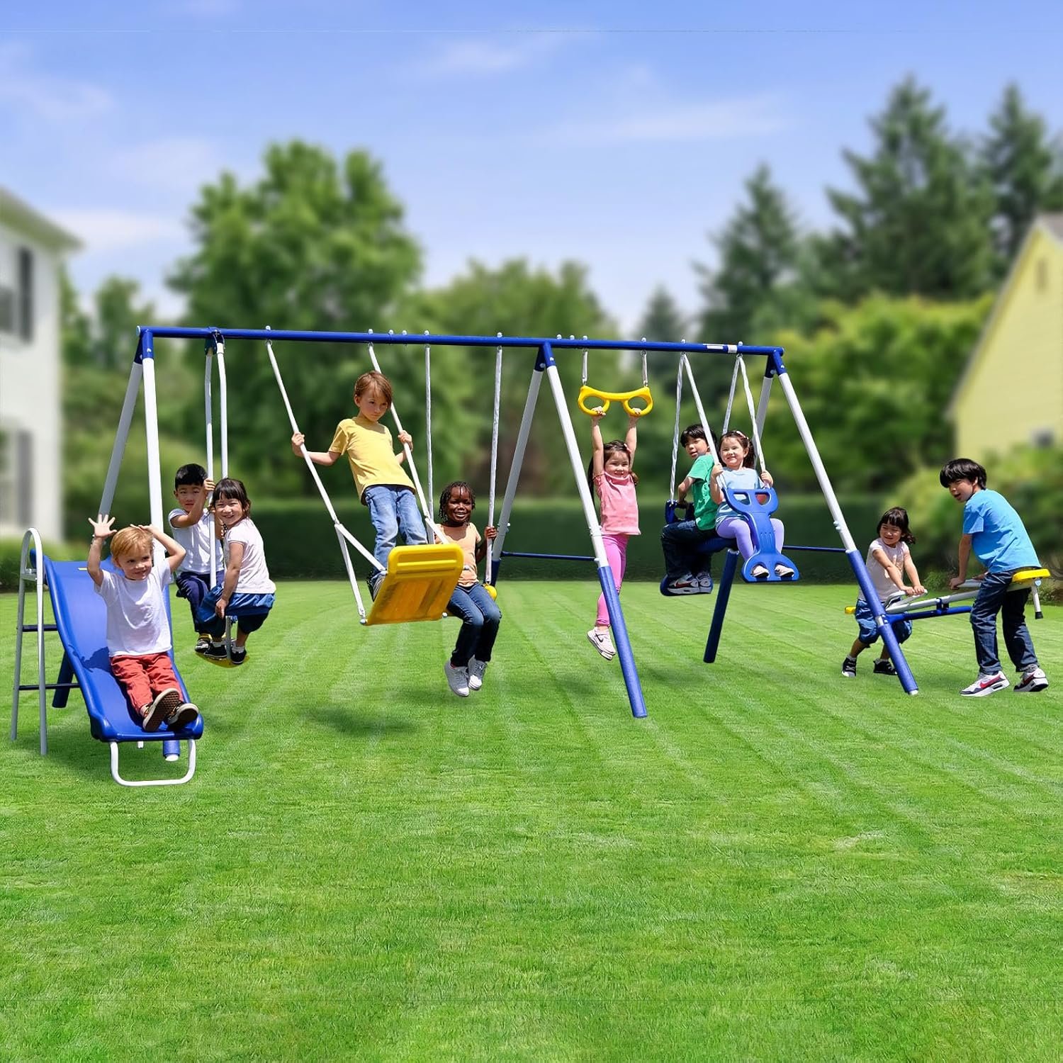 Sportspower Super 9 Metal Swing Set for Outdoor Backyard Play: Teeter Totter, Glide Ride, Roman Glider, Standing Swing, Trapeze, 5ft Slide, Anchor Kit, 7.5′ D × 17.1′ W × 6.1′ H