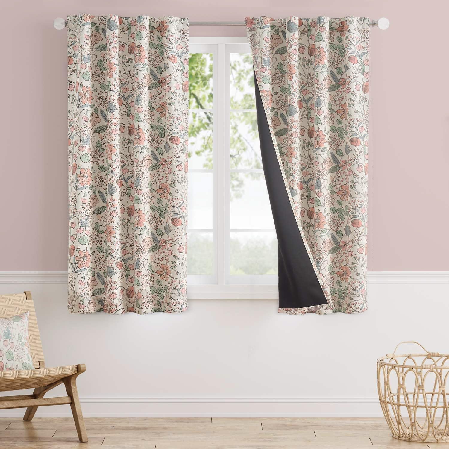 Vangao Pink Nursery Curtains for Girls Room Floral Blackout Curtains 63 Inch Length Farmhouse Drapes for Bedroom Room Darkening Flower Patterned Window Treatment for Kids Set of 2