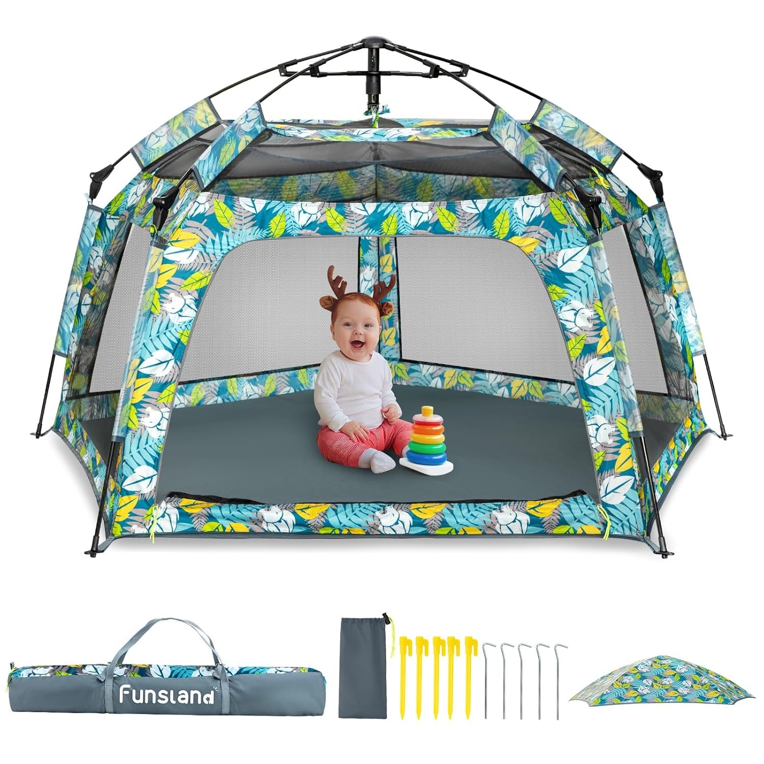 Baby Playpen Pop-up Tent – Outdoor & Indoor Play Tent for Beach with Canopy Travel Bag Portable Play Yard for Babies & Toddlers (Forest)