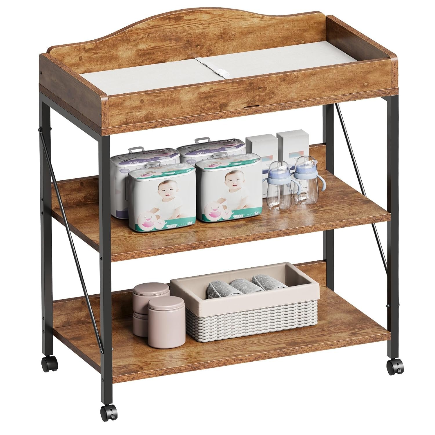 Yetom Baby Changing Table, Diaper Changing Station with Pad and Wheels, Two-Tier Open Storage Shelves, Waterproof Diaper pad & Safety Strap,Compact Baby Furniture for Nursery, Rustic Brown