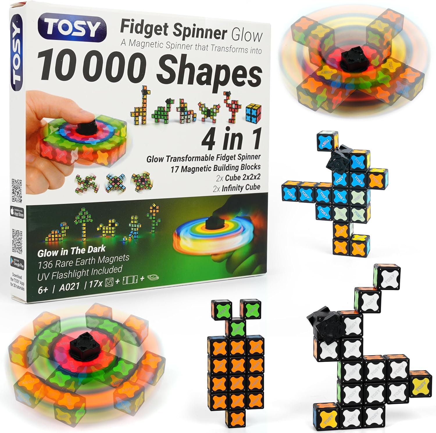TOSY Magnet Fidget Spinner Glow – 16 Blocks, 3in1 Toy: Transformable Fidget Spinner, Infinity/Puzzle Cube, Easter Basket Stuffers Gift for Kids/Adults, Glowing STEM Sensory Stress Relief