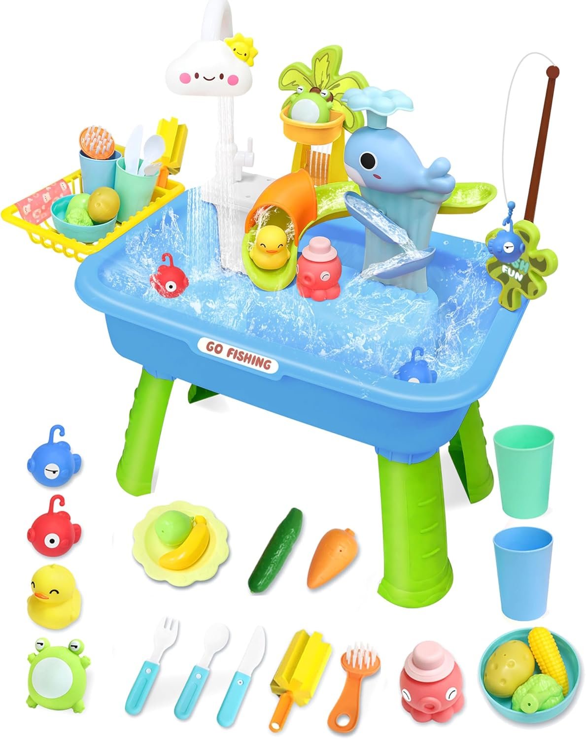 4-in-1 Electric Water Table for Toddlers 1-5, Kids Play Sink with Running Water & Cloud Faucet, Sensory Toddler Water Activity Table with Fishing Game, Outdoor/Indoor Toy Gift for Boys & Girls