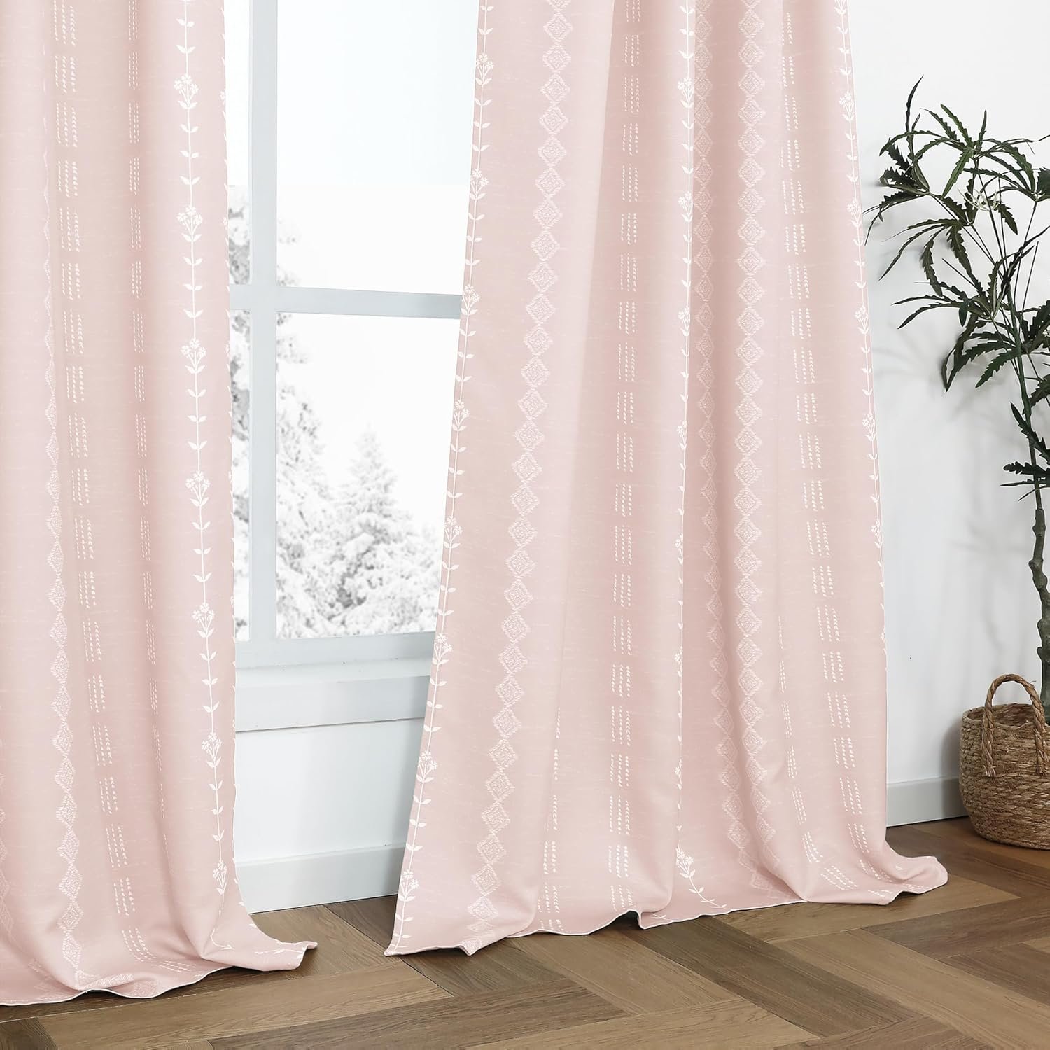 Lino Rosa Light Pink Striped Curtains for Girls Room, Cute Floral Nursery Curtains Baby Girl, 63 Inch Length