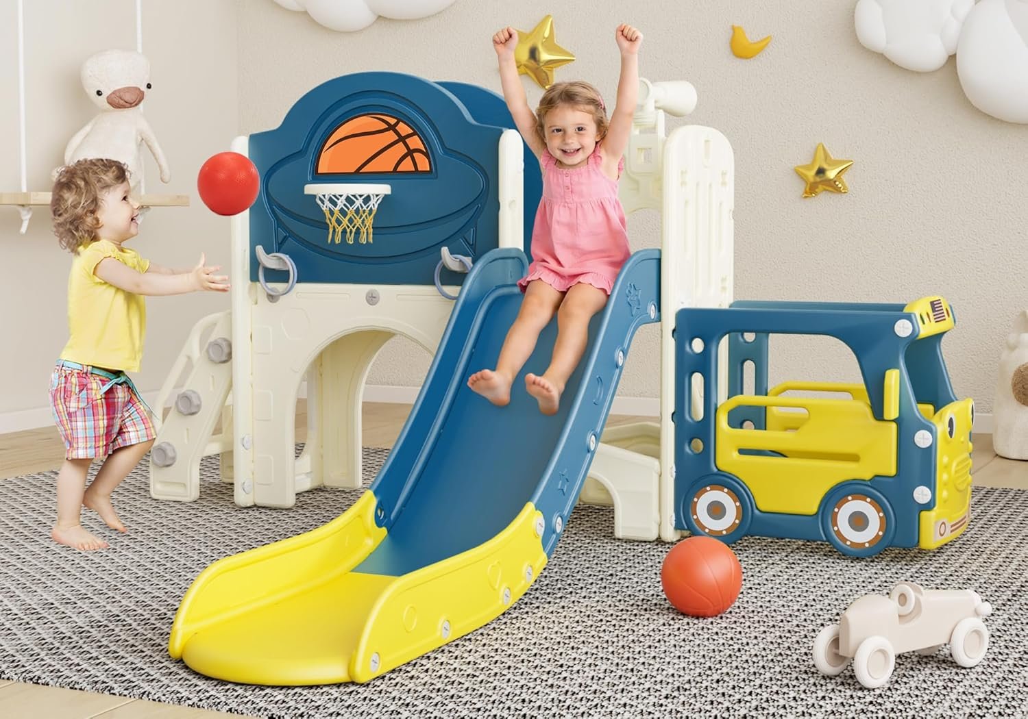 NYEEKOY 9-in-1 Toddler Slide, Bus-Themed Baby Slide and Climber Playset with Basketball Hoop, Ring-Toss, Car Playhouse, Kids Indoor and Outdoor Playground