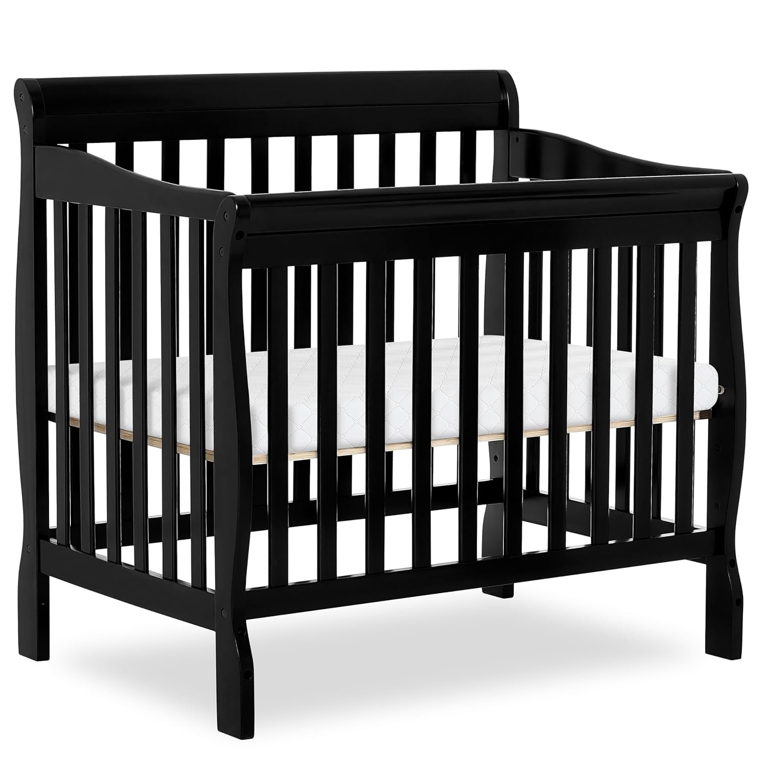 Dream On Me Aden 4-in-1 Convertible Mini Baby Crib, GREENGUARD Gold & BSA Certified, Sustainable Pinewood, Non-Toxic Finish, 3 Mattress Heights, Converts to Mini Day & Twin-Size Bed – Black