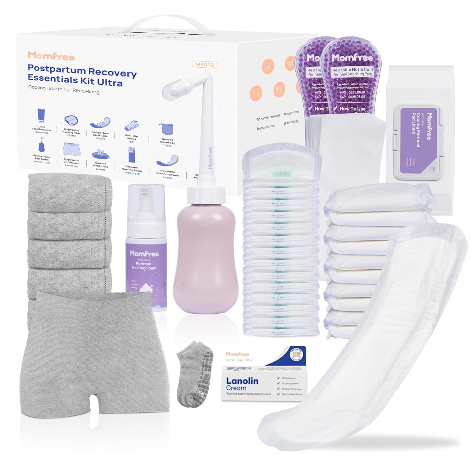 Upgraded Postpartum Essentials Recovery Kit for Women: Labor Delivery Post Partum – Perineal Healing Foam & Upside Down Peri Bottle | 6 Disposable Underwear | Soothing Pads | Nursing & Maxi Pads