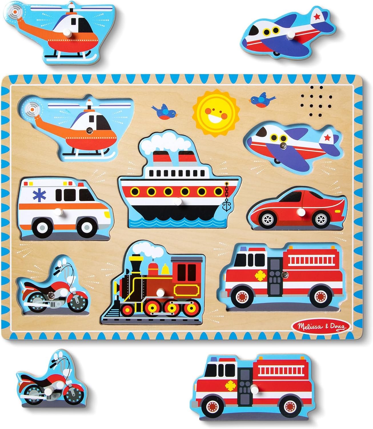 Melissa & Doug Vehicles Sound Puzzle – Wooden Peg Puzzle With Light-Activated Sound Effects (8 pcs) Puzzles for Toddlers, Wooden Puzzles For Kids Ages 2+