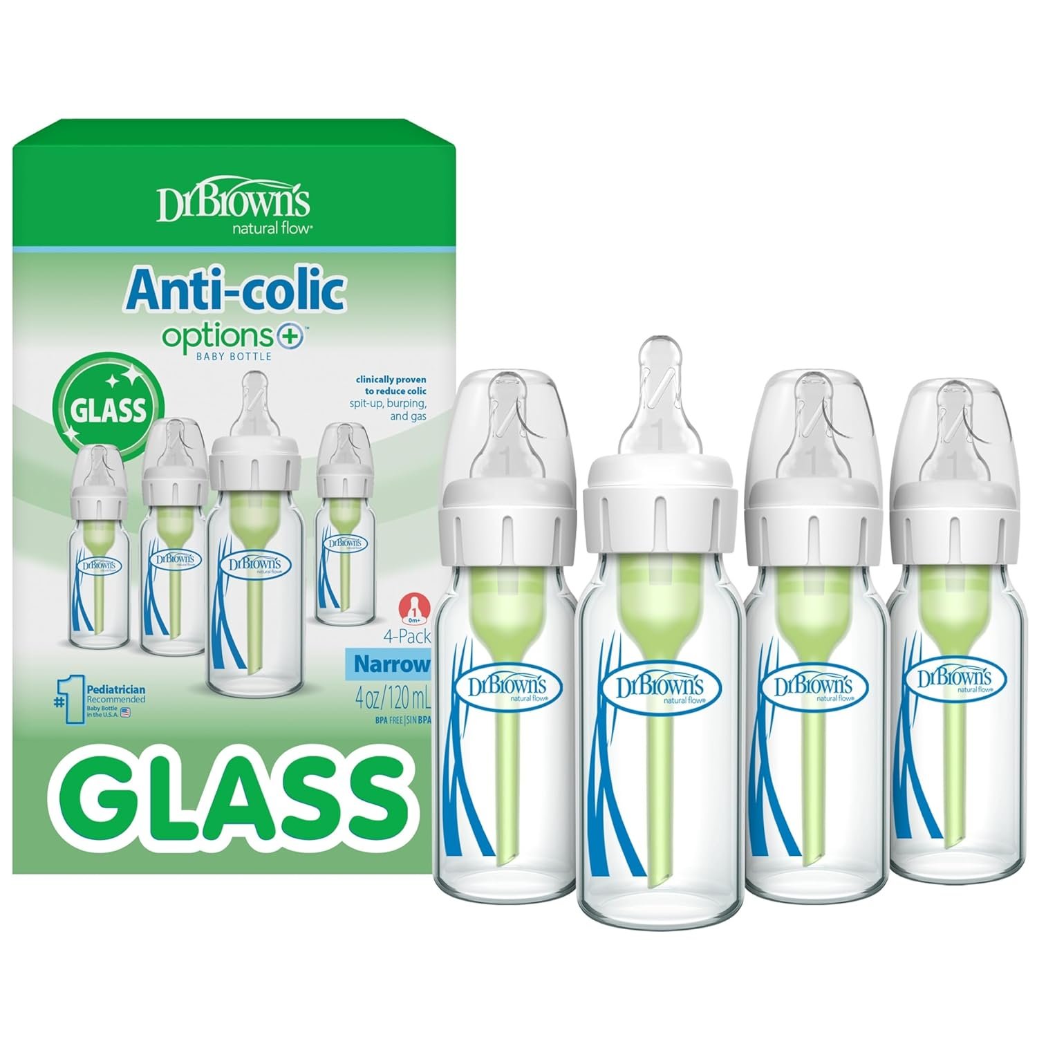 Dr. Brown’s Anti-Colic Options+ Narrow Glass Baby Bottle with Level 1 Slow Flow Nipple, BPA-Free, 4 oz/120mL, 4-Pack