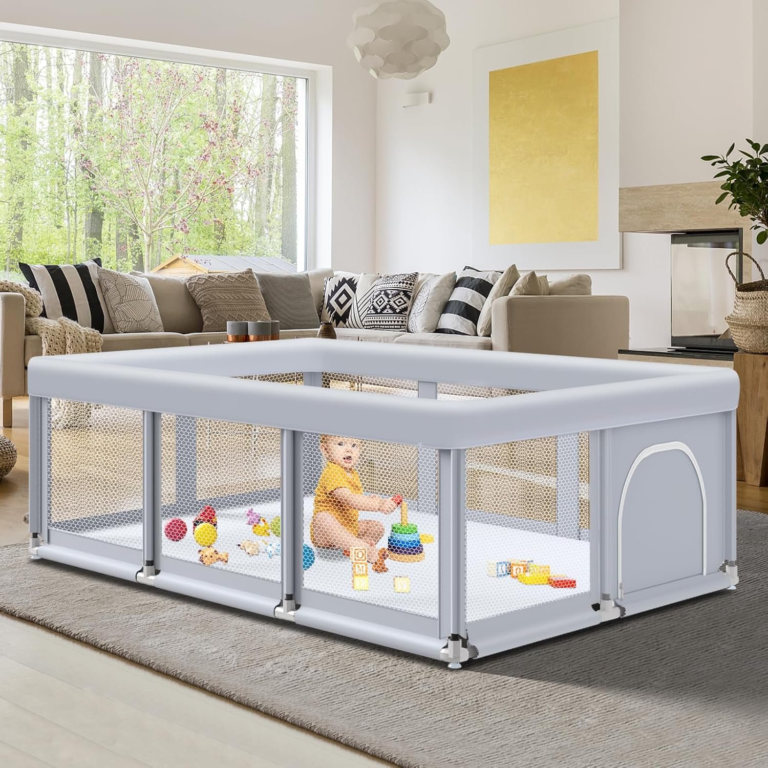 Fshibila 74″ ×50″ Large Baby Playpen, Baby Playard for Babies and Toddlers, Baby Fence Play Pens for Indoor & Outdoor, Sturdy Safety Play Yard with Soft Breathable Mesh, Anti-Fall, Grey