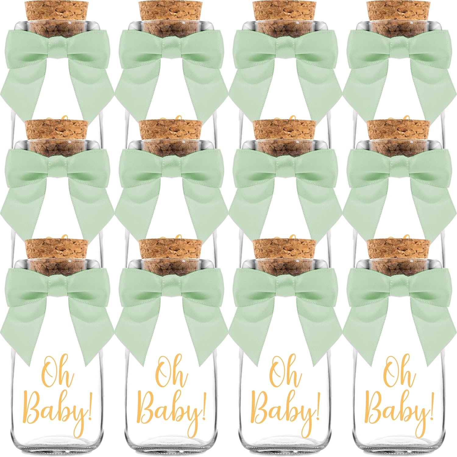 Ethisa Vintage 12 Pack Oh Baby Woodland Milk Glass Bottles with Ribbons and Stickers – Classy Baby Shower Favors for Guests and Table Centerpieces – Gender Neutral Eucalyptus Decoration – Safari Theme