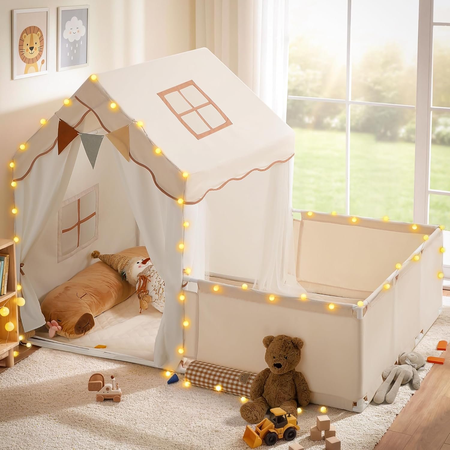 besrey Kids Play Tent with Enclosure, Toddler Tent 2 in 1 with Padded Mat and Lights, Large Playhouse for Kids, Indoor & Outdoor, Christmas Toddler Playhouse, 69″ x39″ x 53″