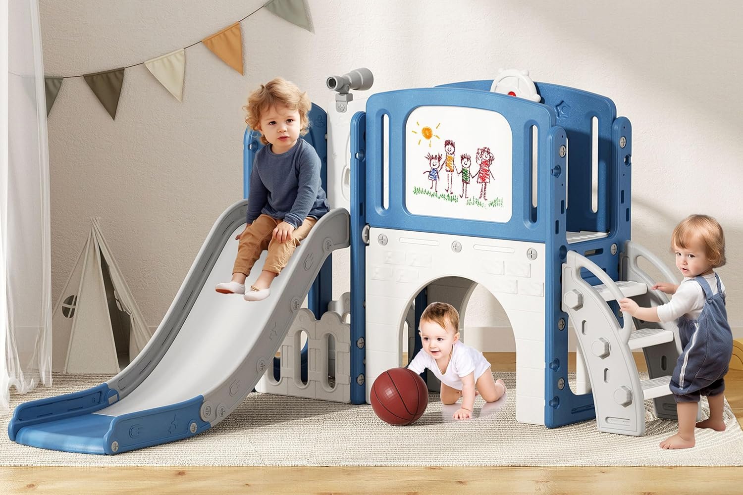 Glaf Toddler Slide Indoor Playground 9 in 1 Outdoor Playset Kids Baby Slides for Toddlers Age 1-3 Backyard with Climber Basketball Hoop Telescope Drawing Board and Storage Space (Blue)