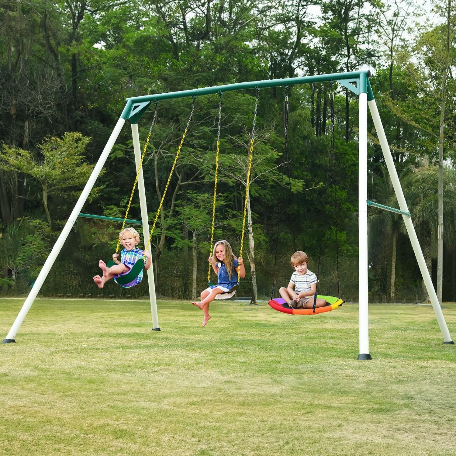 Hapfan 9.5′ Heavy Duty Tall Swing Sets for Backyard for Kids and Adults with Saucer Swing, 2 Belt Swings (Patented)