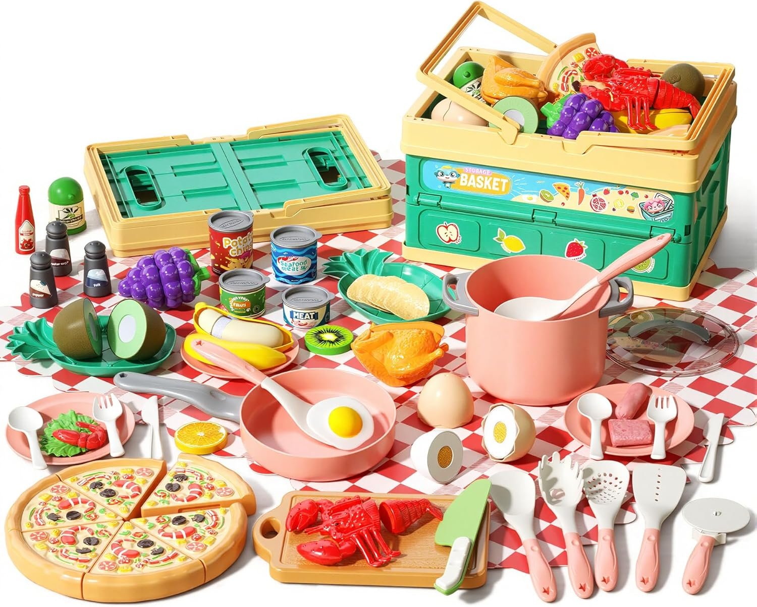 80pcs Pretend Play Kitchen Set for Toddlers, Kids Cookware Playset with Pots/Pans/Food/Fruits/Vegetables/Picnic Blanket/Storage Basket, Pink Educational Learning Toy Gift for Boys & Girls