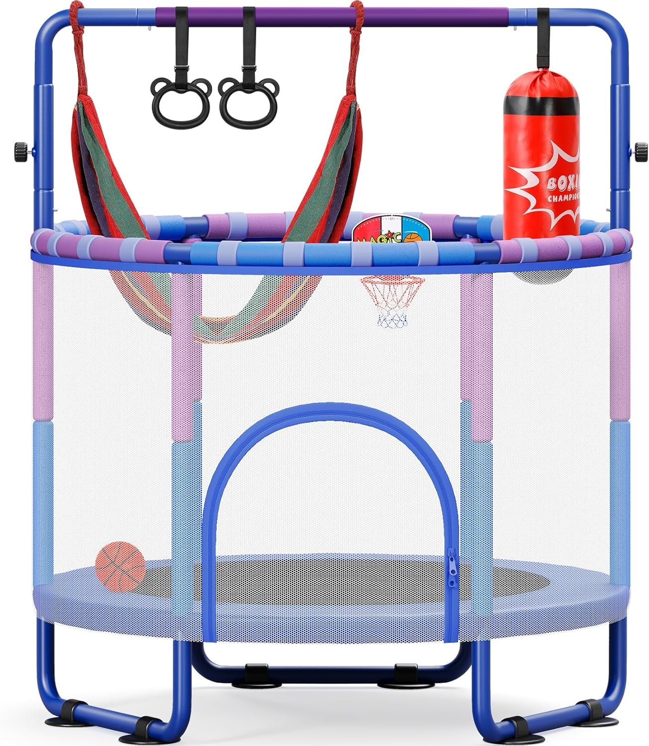 Yohood 55″ Trampoline for Kids with Enclosure, 6-in-1 Toddler Trampoline Indoor Outdoor, Upgrade Full Anti-Rust Tube with Adjustable Gymnastics Bars for Boys Girls