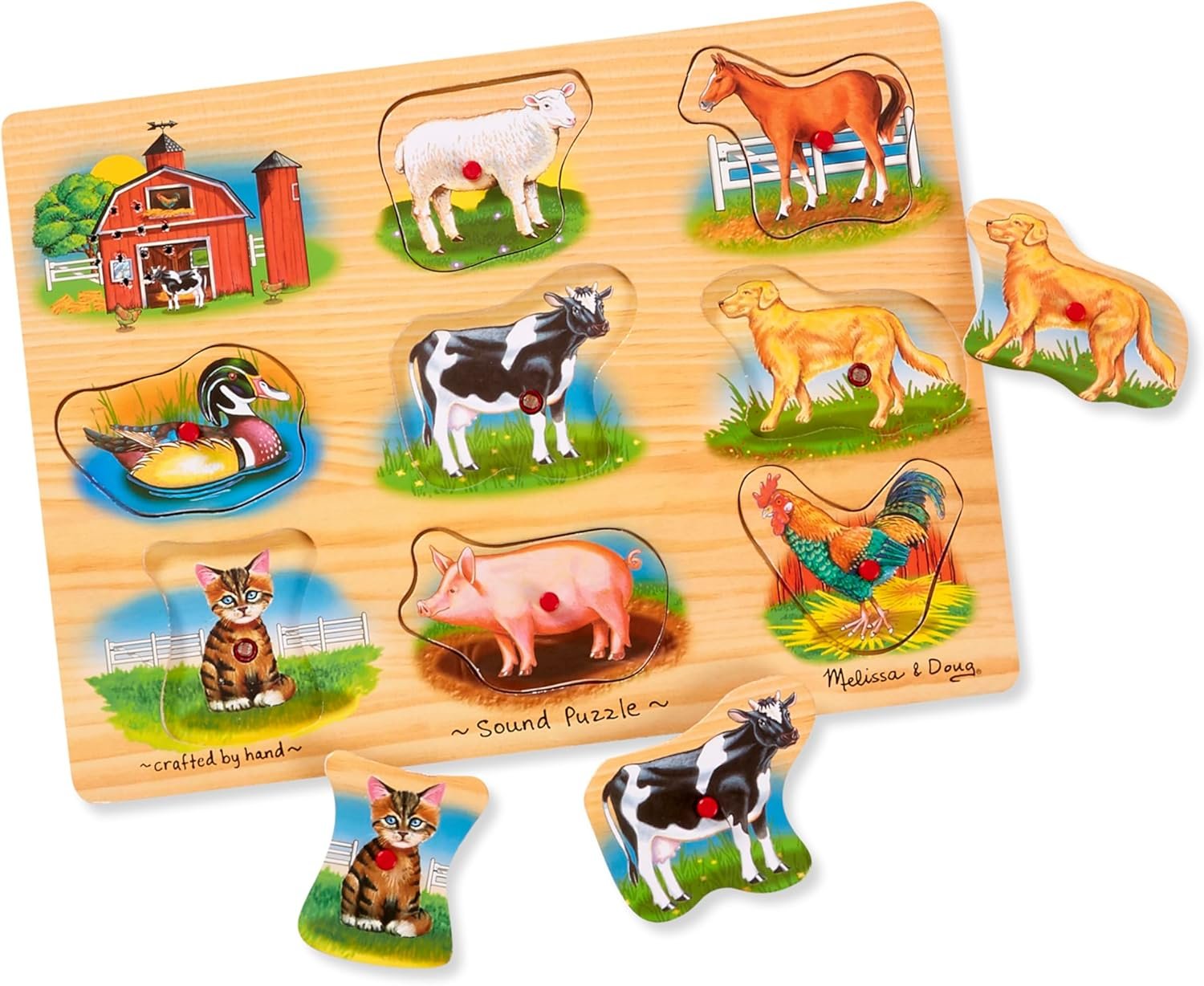 Melissa & Doug Farm Sound Puzzle – Wooden Peg Puzzle with Sound Effects (8 pcs)