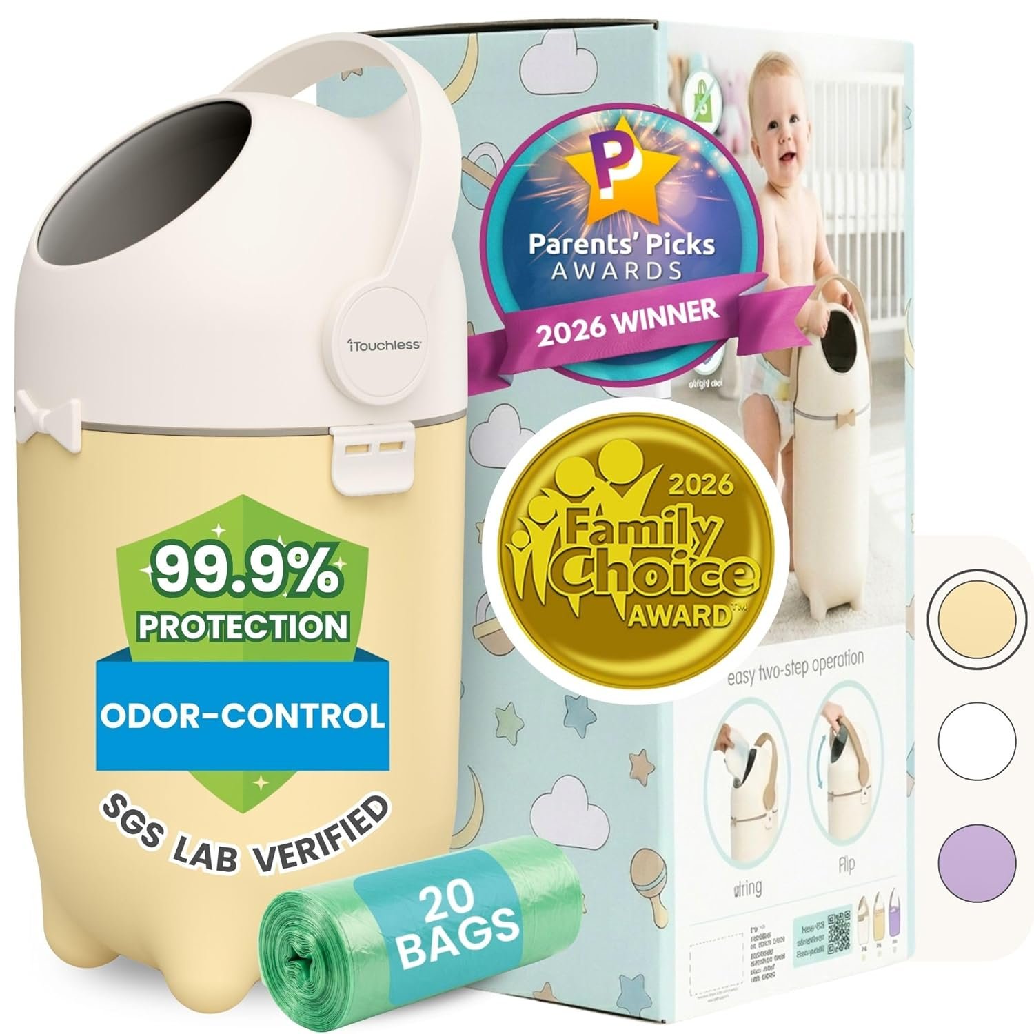 iTouchless Odor-Locking Diaper Pail – 2026 Award-Winning Ag+ Silver Ion Nursery Bin – Fits Any Bag, No Refills Needed – Includes 20 Leak-Proof Bags (Holds 300 Diapers) – Sand Almond Versatile Bin
