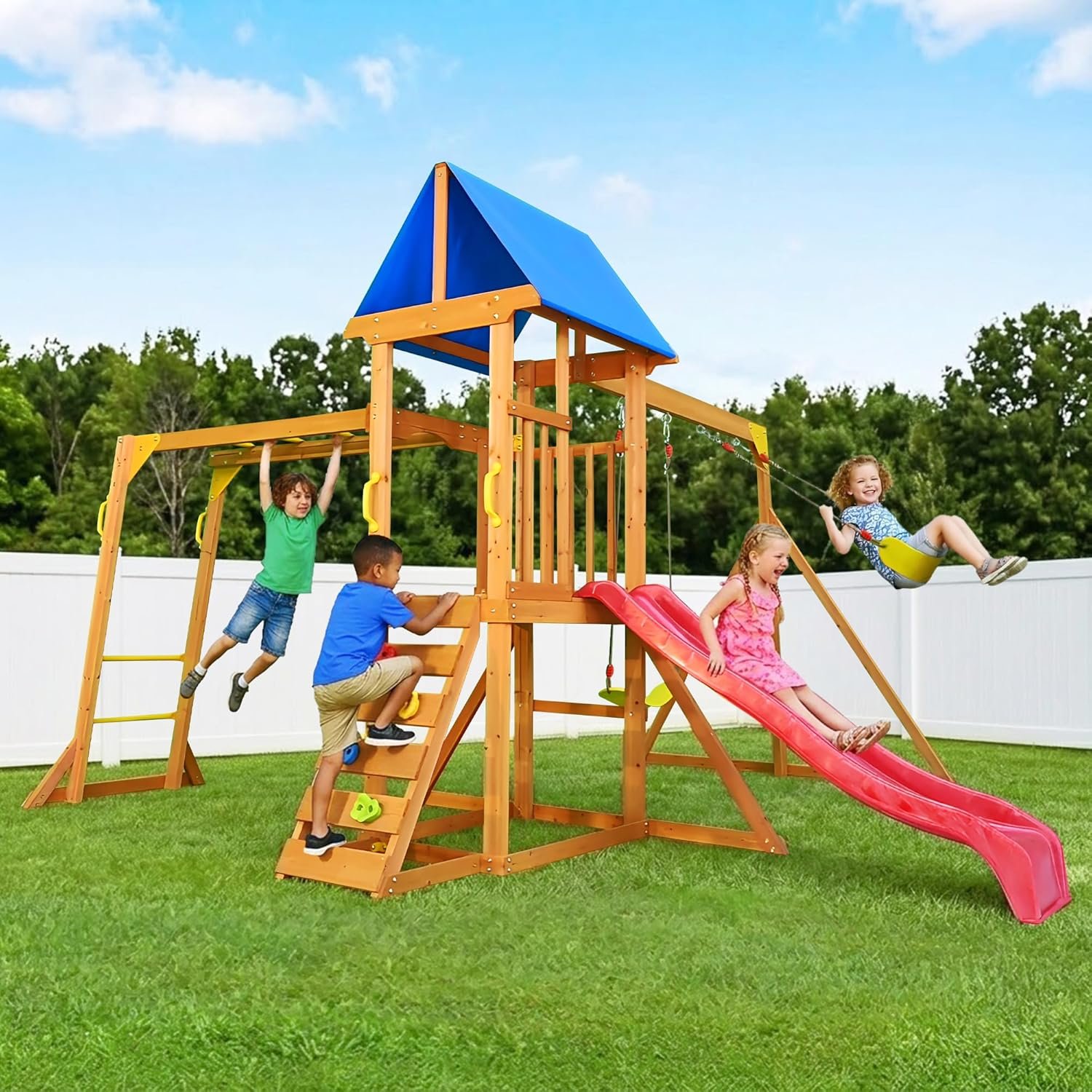 SUNIBOXI Wooden Swing Sets for Backyard, Kids Outdoor Playground Set with Monkey Bars, Wave Slide, 2 Belt Swings, Climbing Ladder, Rock Wall, Play Deck with Canopy
