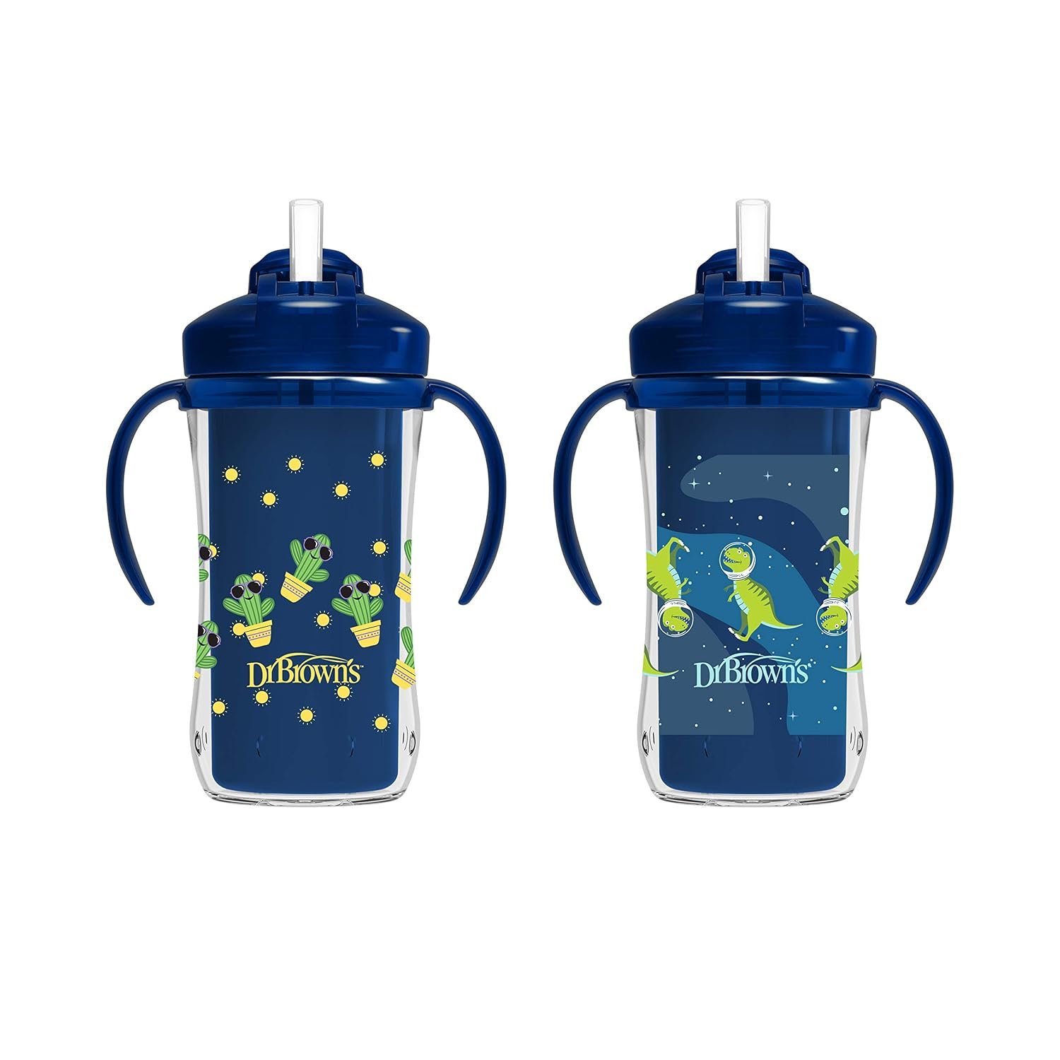 Dr. Brown’s Milestones Insulated Sippy Cup with Straw and Handles, Spill-Proof Tumbler with Lid, 2-Pack, Blue, 10 oz/300 mL, BPA Free, 12m+
