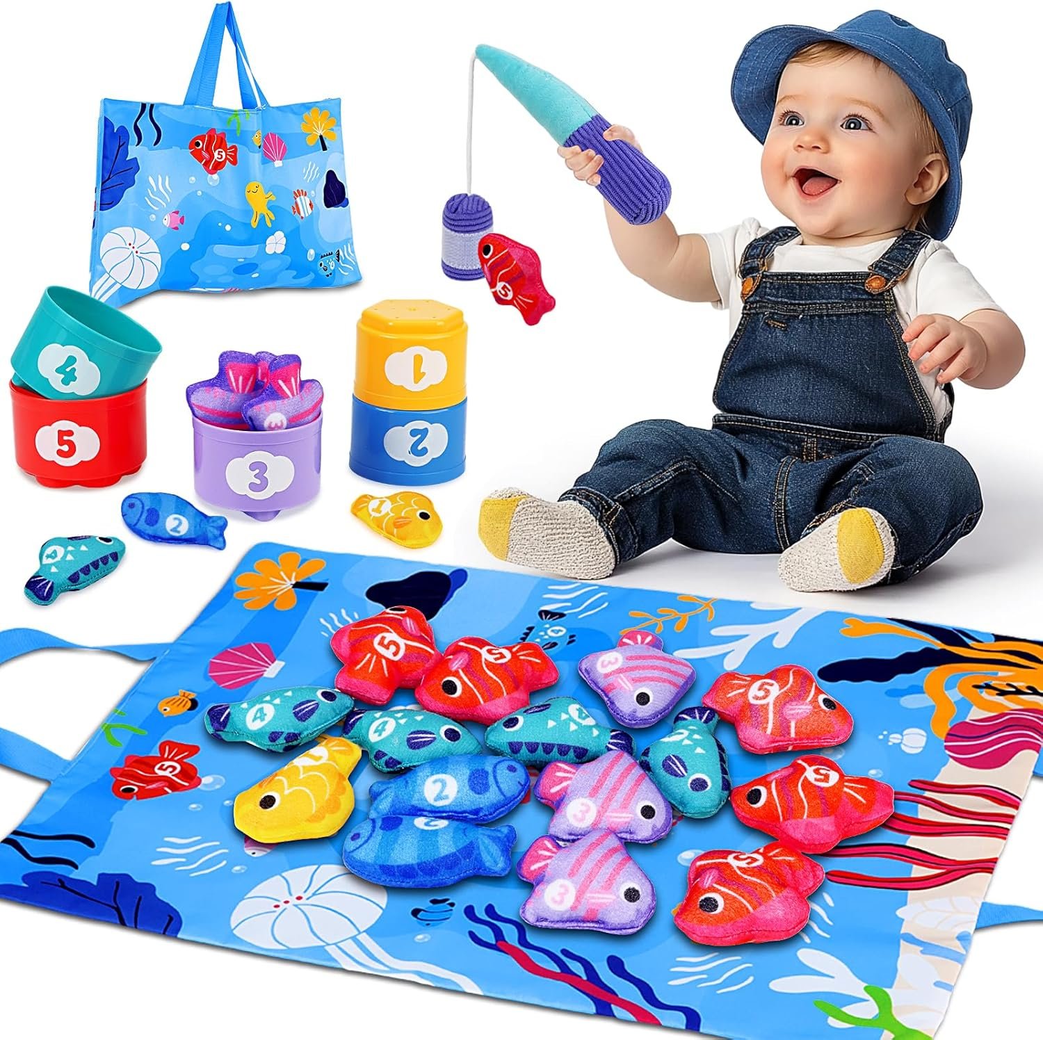 Arovan Montessori Toys for 1 Year Old – Cloth Fishing Game with Stacking Cups Toddler Toys for One Year Old Boy Girl First Birthday Gift – Sorting Learning Baby Toy 12-18 Months 1 2 Year Old