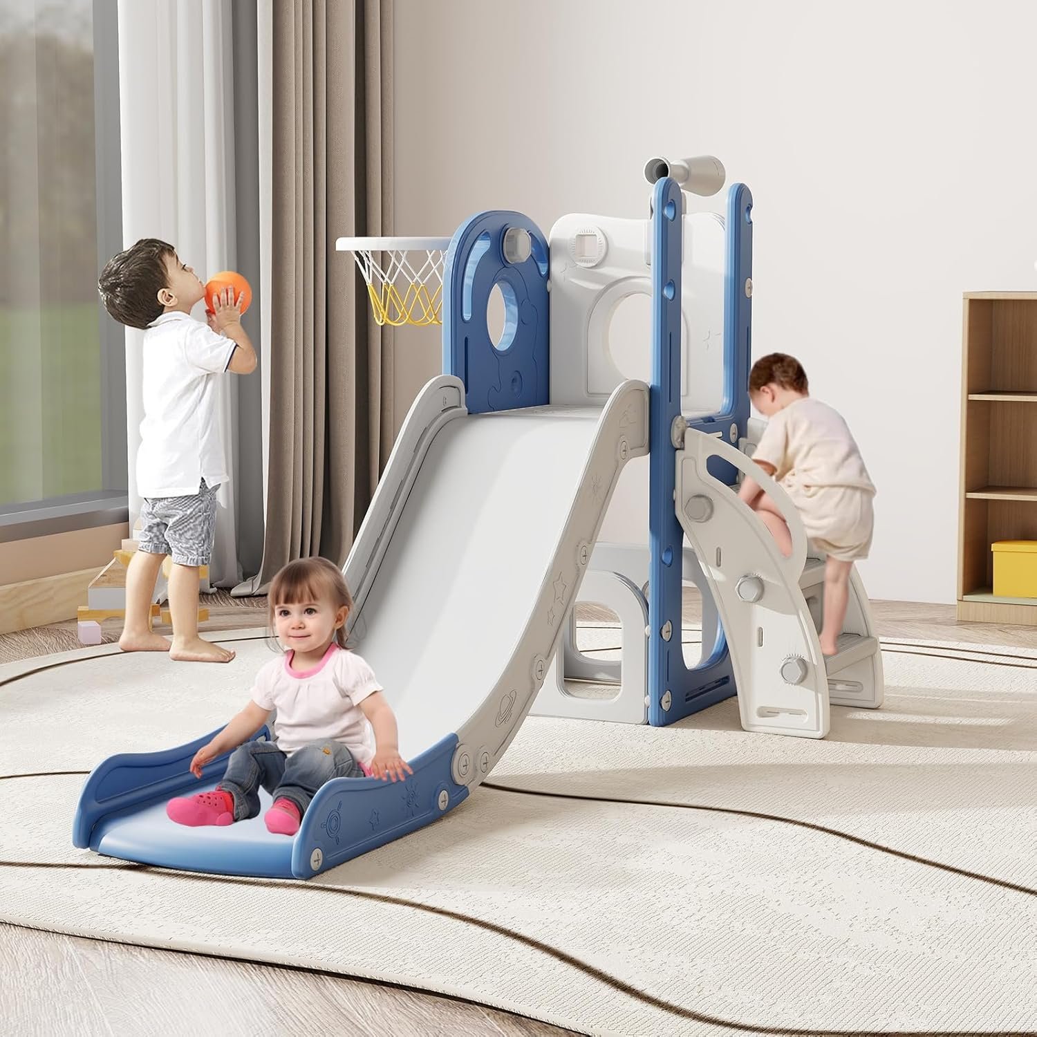 kinbor 6 in 1 Toddler Slide PlaySet – Indoor Outdoor Fun for Kids Ages 1-3, Includes Basketball Hoop, Telescope, Storage & Climber, Safe, Sturdy Baby Slide for Backyard Playground, Blue