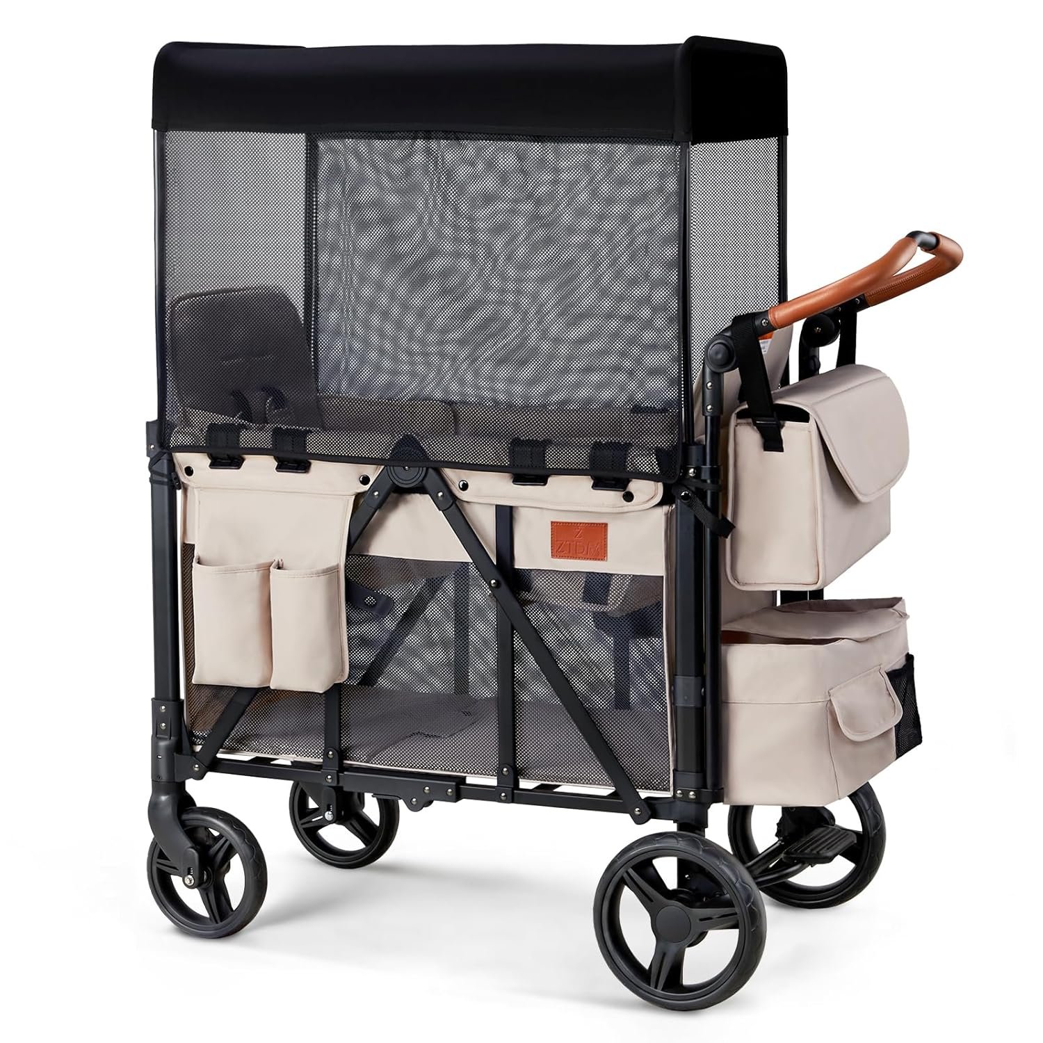 ZTDM Wagon Stroller for 2 Kids, High Seat & 5 Point Harness, Foldable All-Terrain Wagon for Toddler with Canopy, Parent Organizer, Shoulder Bag, Adjustable Handlebar, Ultimate Double (Beige)