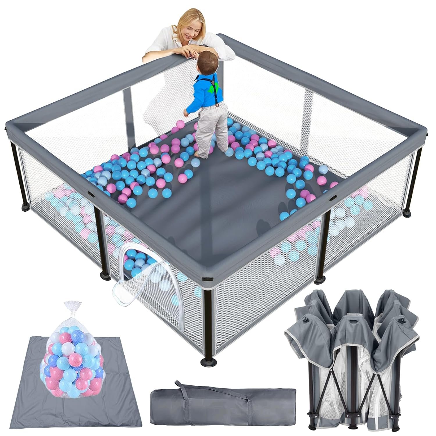 TOREVSIOR Foldable Baby Playpen with Mat, 50″×50″ Collapsible Play Pen for Babies and Toddlers, Indoor & Outdoor Kids Safety Play Pen, Portable Play Yard, Foldable Baby Playpen with 50 Ocean Balls