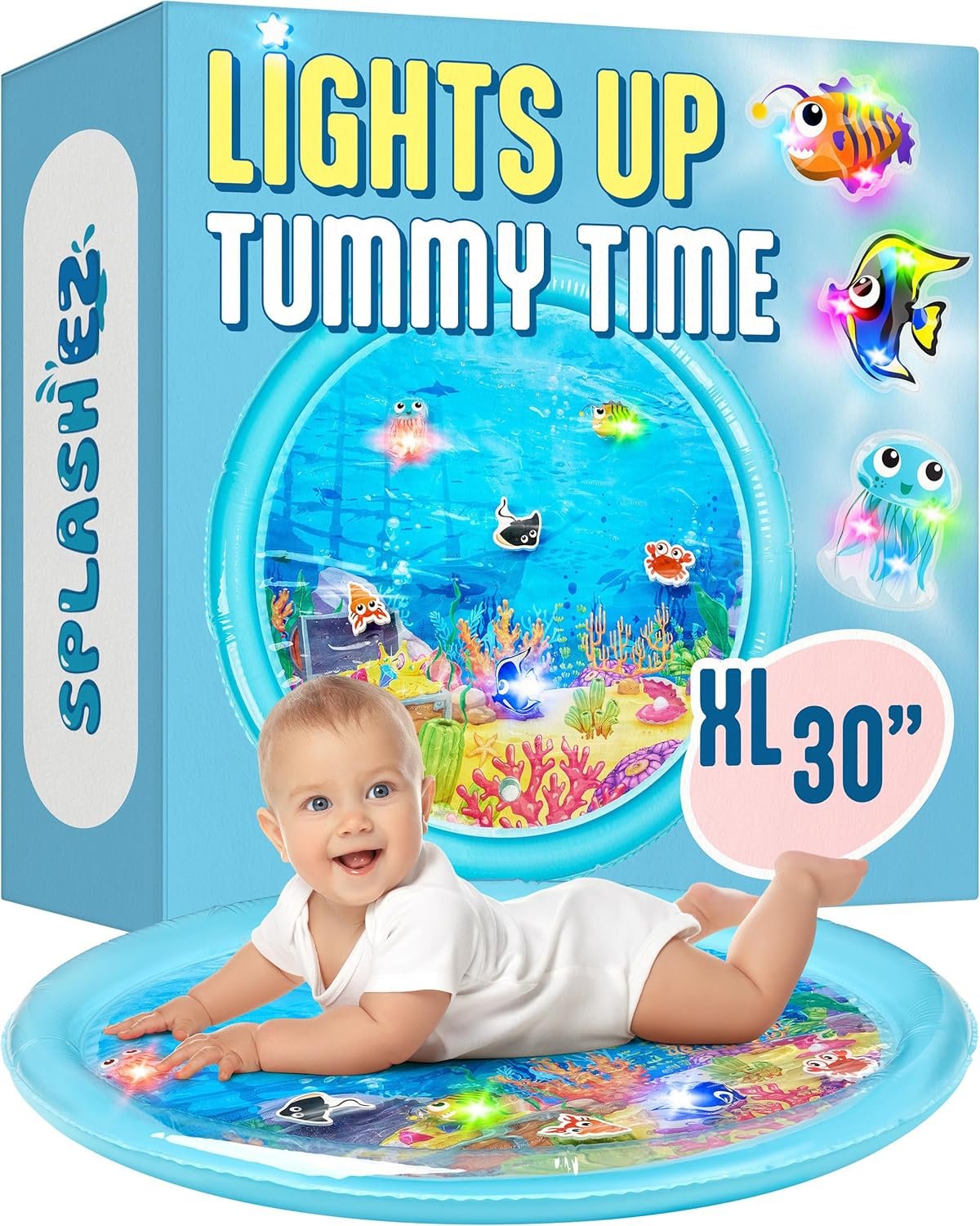 SplashEZ Lights Up Tummy Time Water Mat for Babies, 30″ X-Large Baby Water Mat Tummy Time for Sensory Play with LED Glowing Fishes, Inflatable Fun Play Pad for Infants & Toddlers 3 to 36 mo