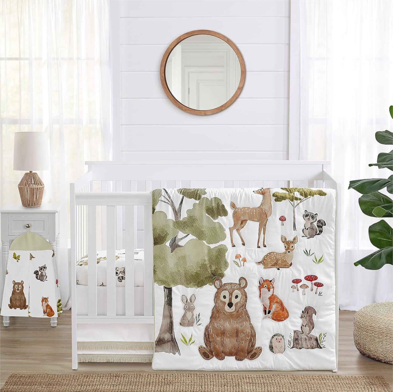 Sweet Jojo Designs 4-Piece Baby Crib Bedding Set (Woodland Animals) for Boys or Girls, Infants/Nursery incl. Blanket, Fitted Sheet, Skirt, Diaper Stacker (Neutral Theme, Forest Animal, Bear, Hedgehog)