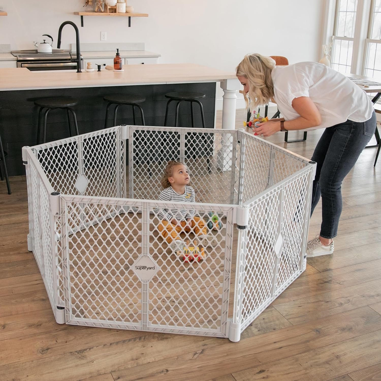 Toddleroo by North States – Superyard Baby Play Yard: Freestanding 6-Panel Baby Playpen – Indoor or Outdoor Use – Made in USA – Encloses Up to 18.5 Square Feet – 26 Inches Tall – Light Gray
