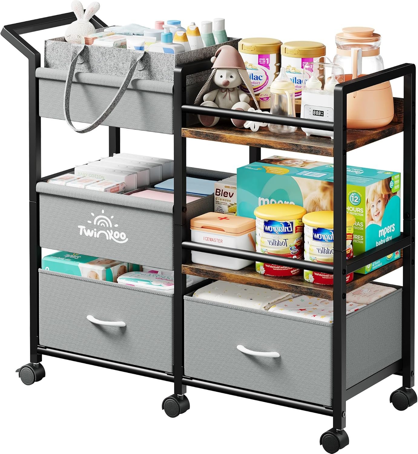 Twinkoo 2-in-1 Baby Diaper Caddy Organizer, 3 Tier Rolling Storage Cart with Dividers and Drawers, Baby Essentials for Nursery Storage, Mobile Utility Cart with Wheels Large Capacity Easy to Assemble