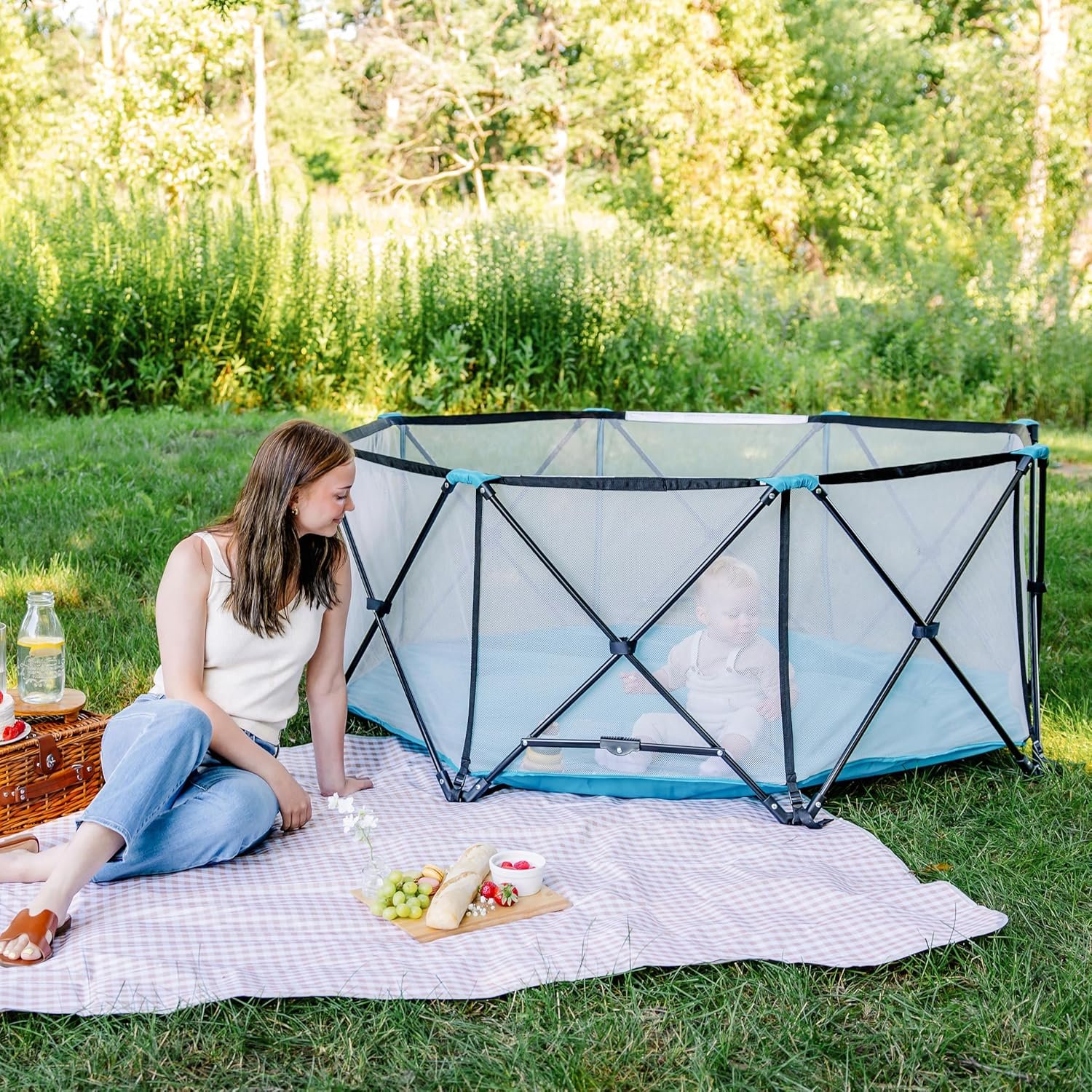 Regalo Safety My Play Deluxe Extra Large Baby Playpen & Portable Play Yard, Foldable 8-Panel Indoor Outdoor Playpen for Babies & Toddlers, Mesh Sides, Washable Nylon Bottom, 62″, Aqua/Black