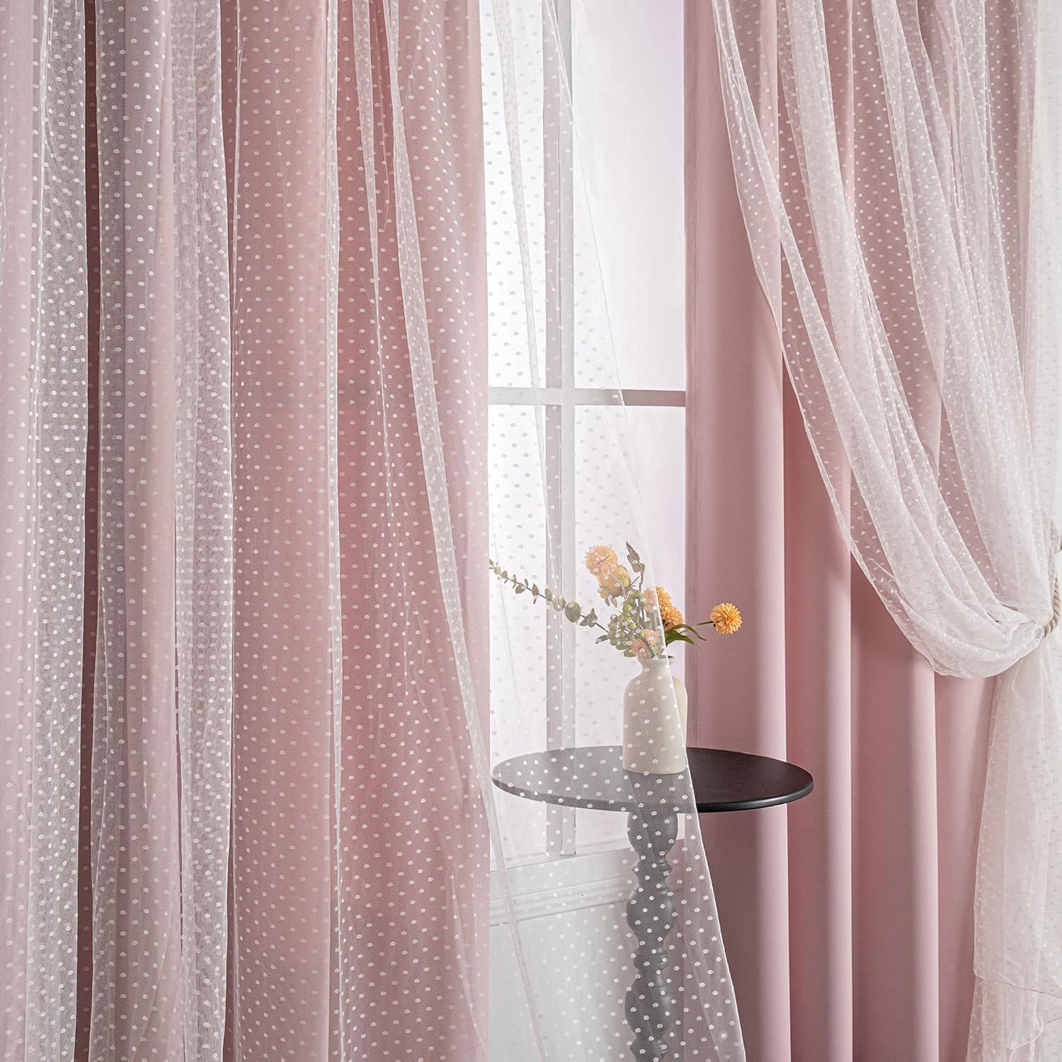 MYSKY HOME Pink Blackout Curtains for Girls Bedroom & Nursery Kids Blush Princess Double Layer Drapes, Polka Dots Sheer, Grommet Tops, 52×84 Inch, 2 Panels