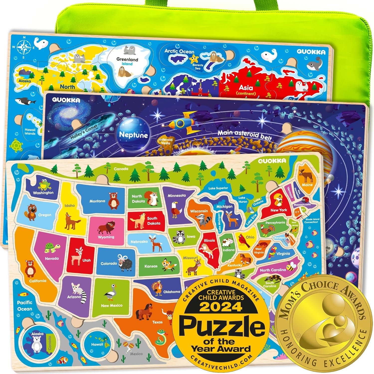 QUOKKA Puzzles for Kids Ages 4-6 – 3 Set Toddler Kids Puzzles Ages 3-5 – Learning United States Games for Childrens 6-8 – Educational Toys for 3 Year Old Boys and Girls – Award Winning