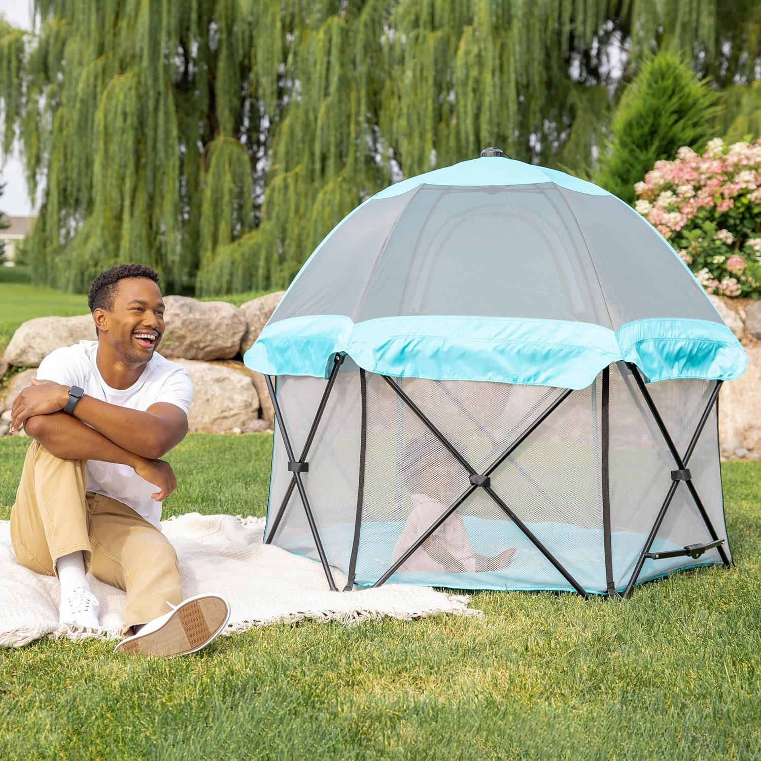 Regalo Safety My Play Deluxe Baby Playpen & Portable Play Yard with Canopy, Foldable 6-Panel Indoor Outdoor Playpen for Babies & Toddlers, Mesh Sides, Washable Nylon Bottom, 48″, Aqua/Black